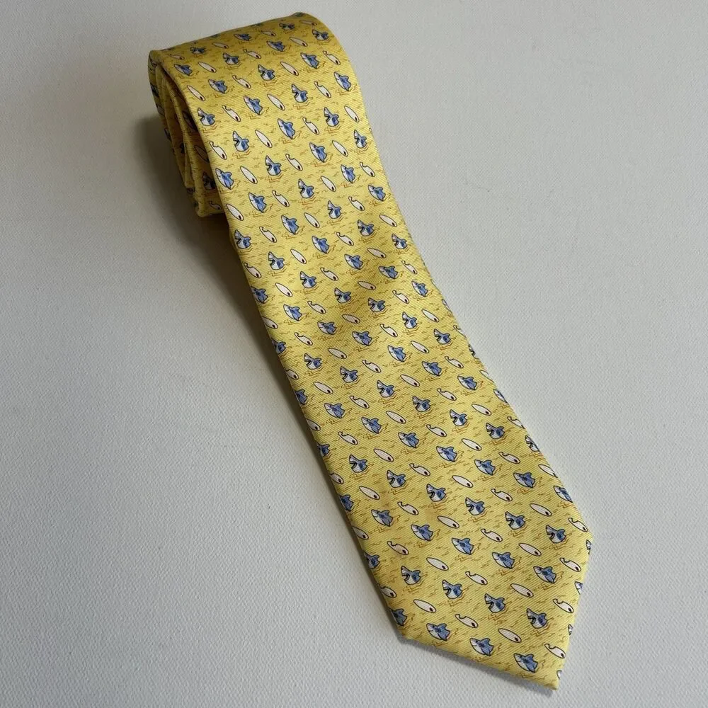 Sharks & Surfboards Silk Necktie Yellow Blue Tommy Hilfiger Funny Beach Coastal